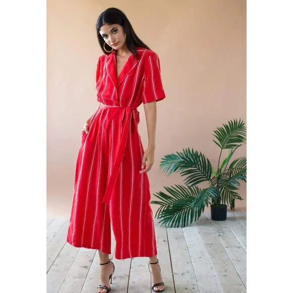 Eva Franco Anthropologie Red Stripe short Sleeve Cropped Wide Leg SummerJumpsuit - Picture 2 of 4